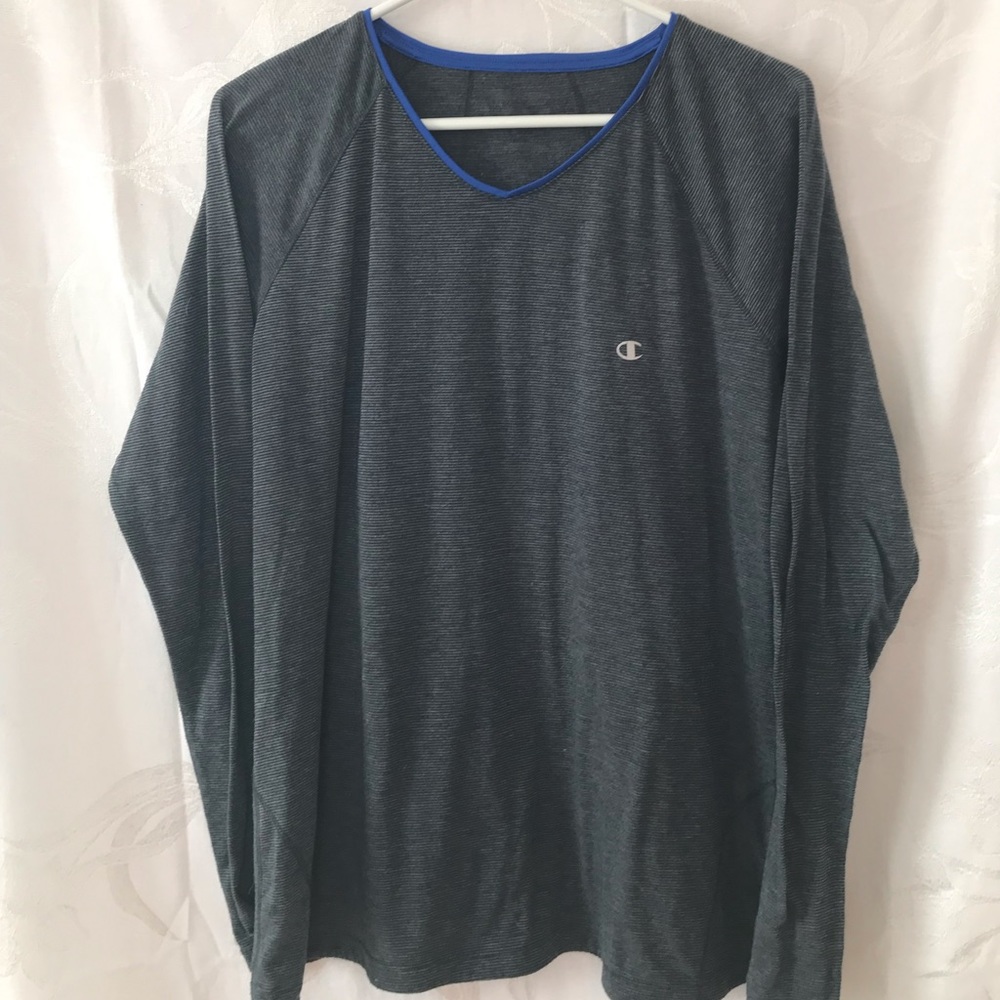 Champion Grey & Blue Striped Long Sleeved Shirt Size Medium